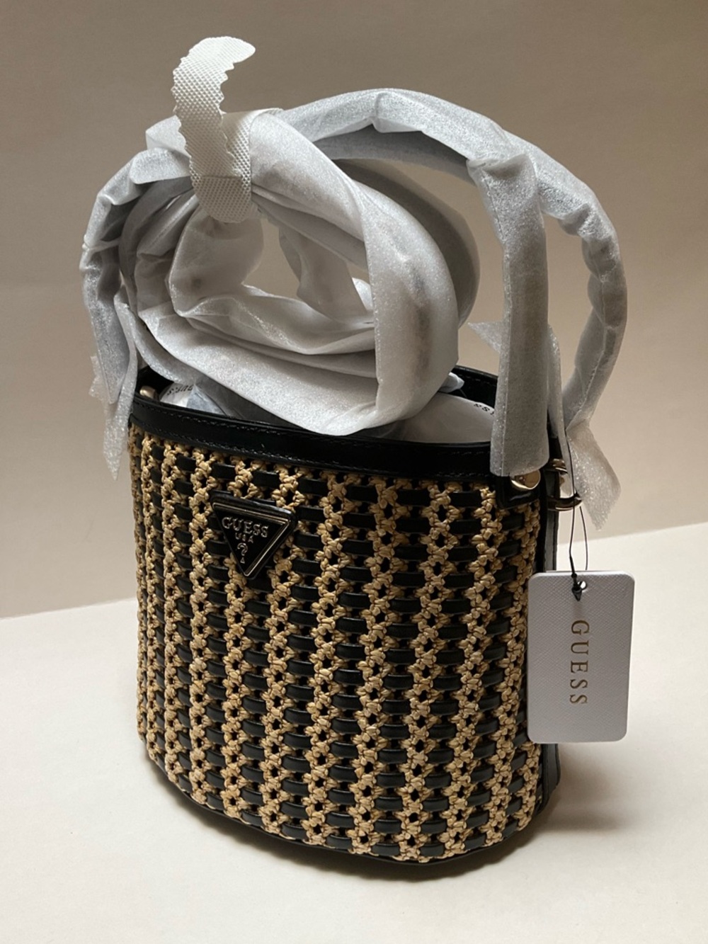 GUESS Atalia Raffia Crossbody Bucket Bag Black and Natural Woven Top-handle Bag